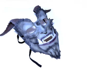 The Beast - Handmade Genuine Leather Mask with Horns in Natural Colors for Masquerade Halloween or Cosplay Costume