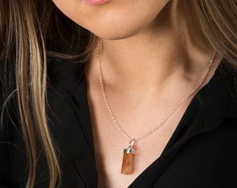 Hessonite Garnet Necklace, Raw Gemstone Point Necklace, Sterling Silver, Hessonite Garnet crystal necklace, Point, Spike pendant