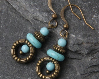 Blue Turquoise earrings, small turquoise earrings, dainty earrings, turquoise dangles, turquoise jewelry, gift for her, gift under 20