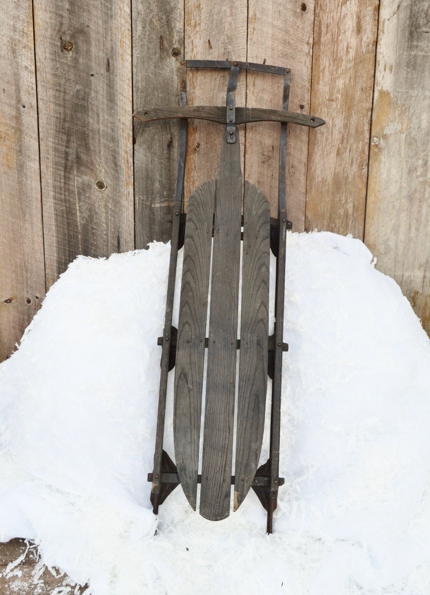 Large Vintage Wooden Snow Sled 56 Dark Weathered Wood