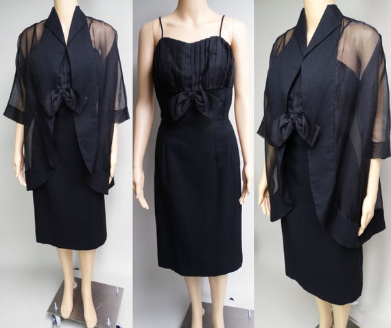 Vintage 1950s Dress | Lilli Diamond Dress | 1950s Black Dress | Matching Sheer Jacket | 1950s Wiggle Dress | 1950s Party Dress | 50s Dress