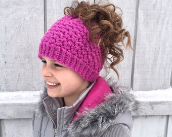 Crochet Pattern for Kaycee Ponytail or Messy Bun Beanie Hat DIY Tutorial - Sizes toddler to large adult - Welcome to sell finished items