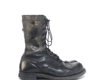 10.5 W | Vintage 1960's Cap Toe Jump Boots Black Military Combat Boots Dated 1961