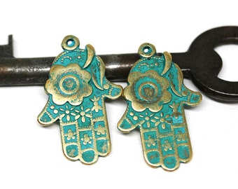 2pc Brass Hamsa Hand Boho charms, Green Patina Healing hand metal pendant bead, Greek metal casting - F537