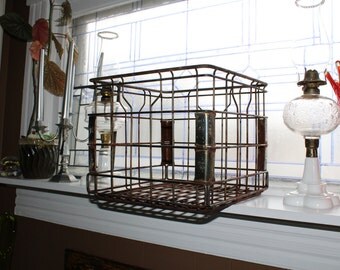 Large Vintage Wire Milk Crate Cream Land Industrial Farmhouse Decor
