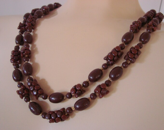 Vintage Retro Flapper Length Brown Lucite Bead Necklace Jewelry Jewellery