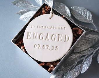 Engagement Ornament - Engagement Gift or Christmas Gift - With Names and Date - Gift Boxed