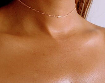 Delicate solitaire choker necklace, dainty diamond, rose gold, silver, gold, thin chain collar, zircon, pink jewelry for sister