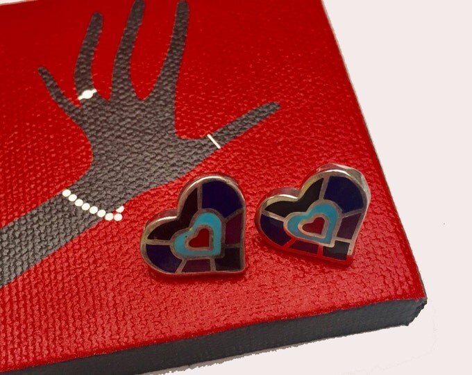 sterling Silver Heart Earrings - Blue Purple Red Enamel inlay - Signed Earring