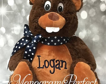 Jumbo Personalized Beaver Stuffed Animal (Navy Blue Polka Dot)
