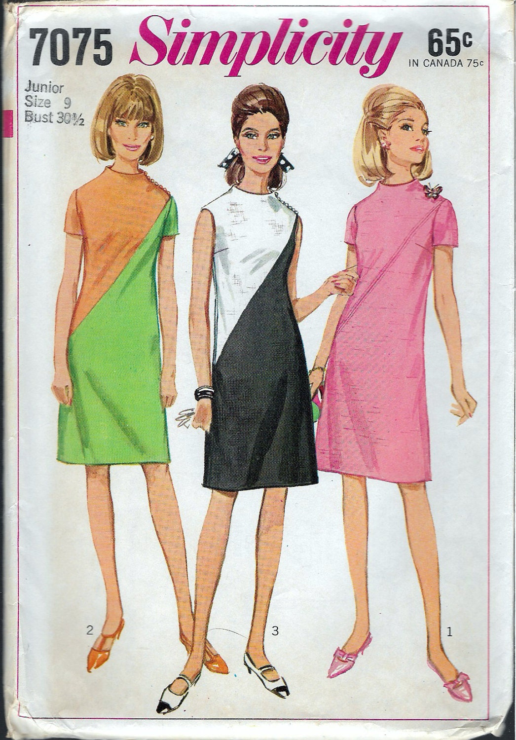 Vintage 1967 Simplicity 7075 Mod One-Piece Dress Sewing Pattern Size 9 ...