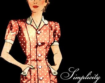 Vintage 1940s Dress Pattern or Full Length Robe Princess Seams Side Pockets Front Buttons or Zipper Closure Bust 36 Pattern Simplicity 3649