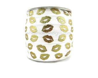 Gold Lips Elastic - Kiss - FOE Fold Over Elastic - 5/8" White with Gold Metallic Foil Print Headbands - Wedding - Hair Ties - Shiny Satin
