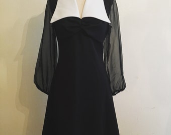 1970s Black mini dress with sheer bell sleeves and large white collar, Wednesday Addams