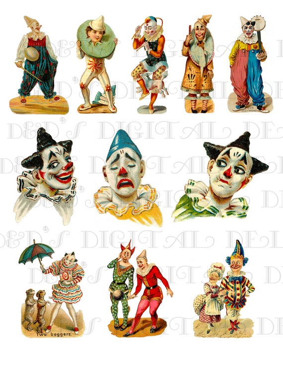 Antique Clowns Digital Printable Circus Clown Collage Digial