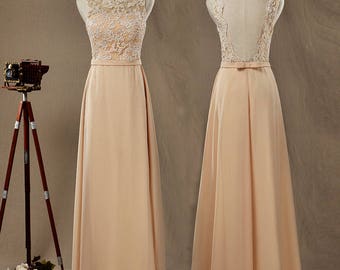 Champagne Lace mix Chiffon Bridesmaid Dress,Floor Length Round Neck without Sleeves Open Back A line Prom Dress,Formal Evening dress,Prom