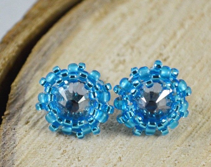 Thumbnails blue crystal blue swarovski effect ab small earrings blue earrings cute earrings seed beads earrings light blue valentine gift