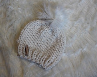 Baby Beanie with Faux Fur Pom - Baby Hat - Fur Pom Pom - Hand Knitted - Made to Order - Winter Hat - Child - Handmade - Chunky