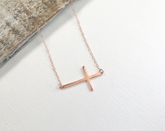 Rose Gold Sideways Cross Necklace, Gold Cross Necklace, Sterling Silver Cross Necklace, Cross Jewelry, Religious Jewelry, Wedding Jewelry
