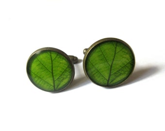 GREEN LEAF CUFFLINKS - men cufflinks - men accessories - gift for men - nature cufflinks - Wedding Cufflink