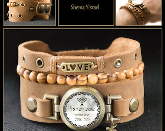 Jewish Hebrew Shema Yisrael Bracelet with Menorah, Love, Cross and Bethlehem Rosary Olive Wood Beads, Holy Land Jewelry