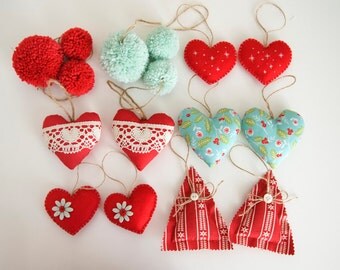 Set of Red and aquamarine-16 Christmas decorations Christmas tree Ornaments-hearts, trees and Pompoms for Christmas-Nordic Christmas