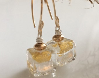 Clear Venetian Glass Earrings Mixed Metals Gold Filled Earrings Murano Glass Earrings Silver and Gold