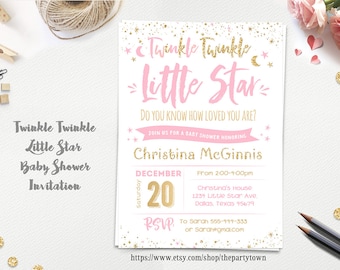 Twinkle Twinkle Little Star Baby Shower invitation, Pink and gold invite, Gold Glitter, Baby Girl, Printable Invitation