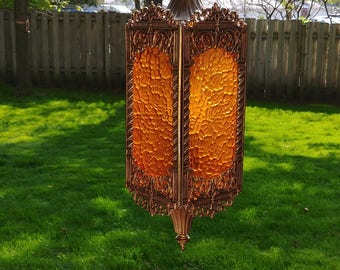Amber Glass Ornate Chain Hanging Swag Lamp Light