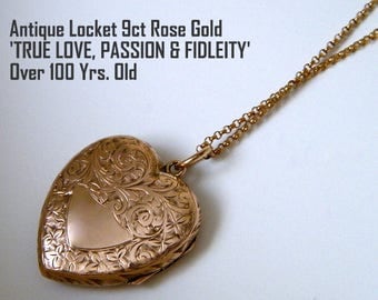 Antique Locket Necklace 9ct Rose Gold Locket Victorian Locket Heart Locket Floral Ivy Etched Birthday Wedding Gift Bride