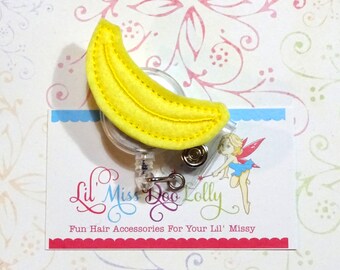 Banana ID Badge Holder-Fruit Badge Holder-Embroidered Felt ID Badge Reel-Fruit Badge Reel-Retractable ID Badge Holder-Badge Reel (Set of 1)