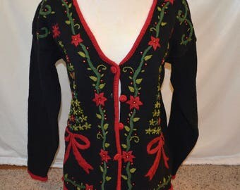 Medium vintage, Sexy, low cut, Ugly Christmas Sweater, Vintage with sparkle bows, grandma sweater, ugly sweater party