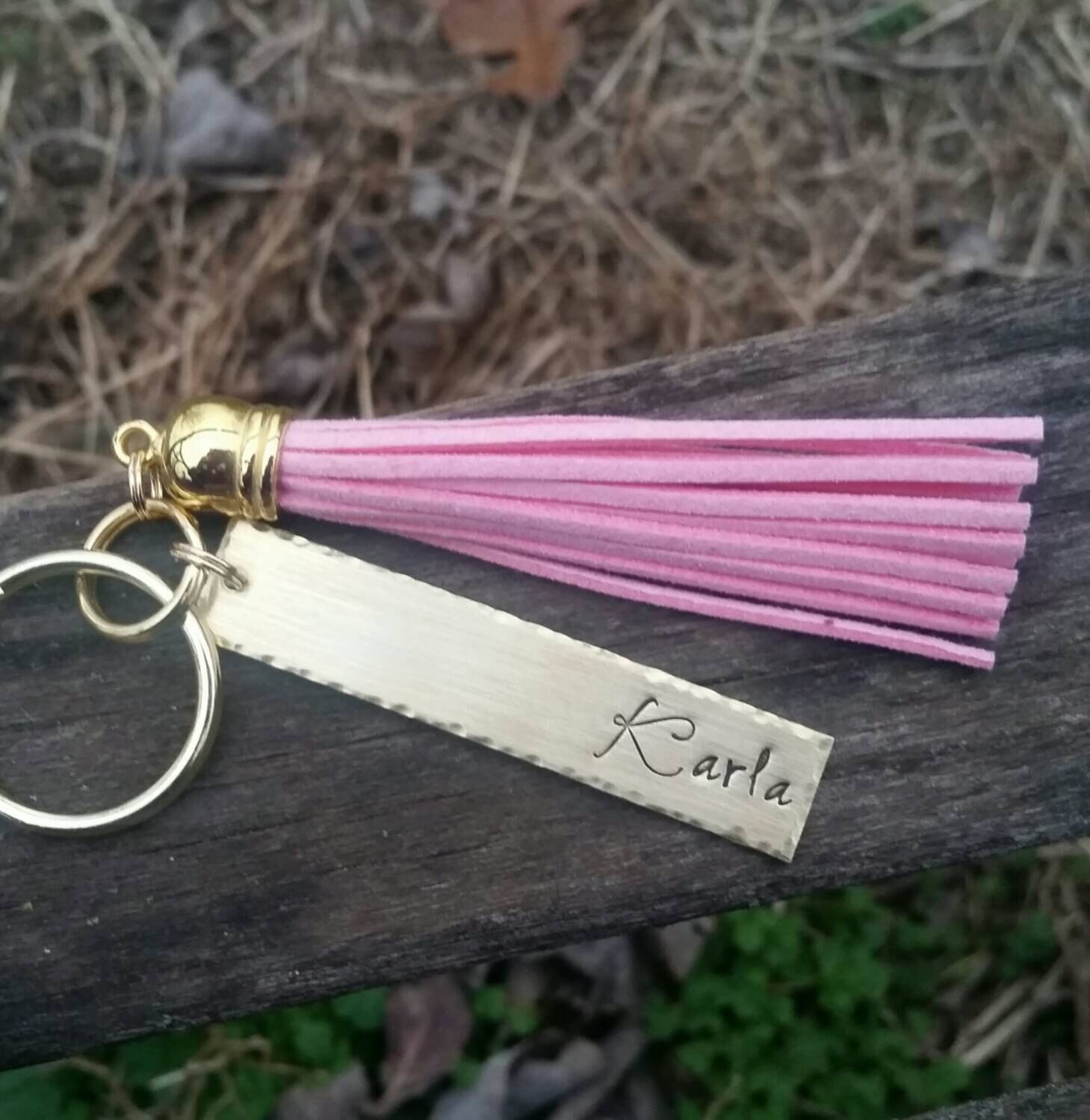 Hand Stamped Tassel Gold Keychain Name by CopperTreeDesigns