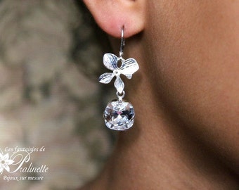 Boucles d'oreilles fleurs d'orchidée et cristaux Swarovski, bijoux mariage, - Bridal rhinestones and orchids flower earrings, drop earrings