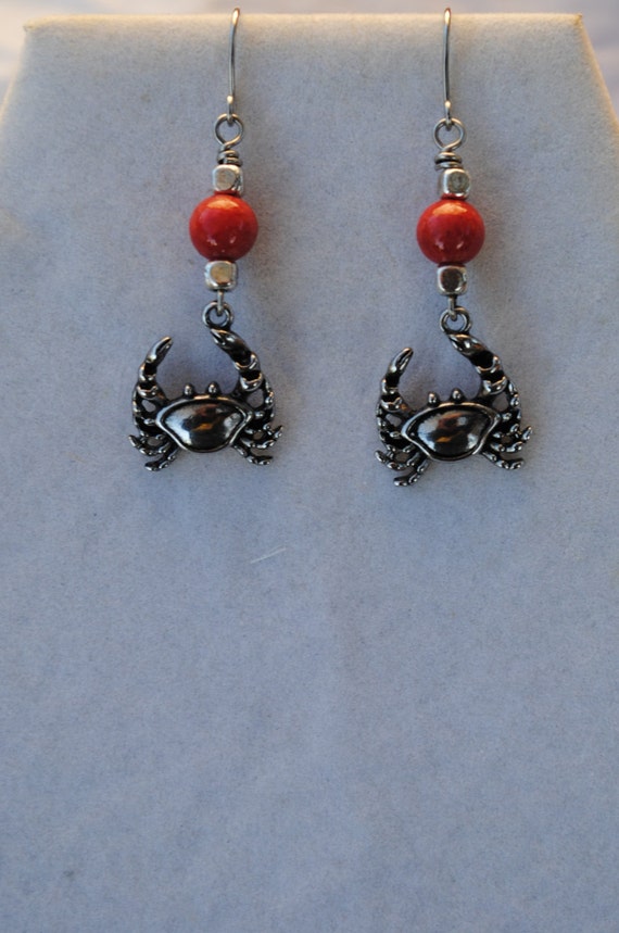 Crab earrings ocean life earrings orange bead earrings sea