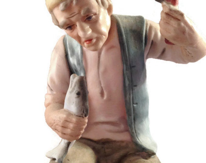 Fisher Figurine | Bisque Porcelain Fisherman Figurine With Fish and Reel | Gift for Dad | Man Cave Decor