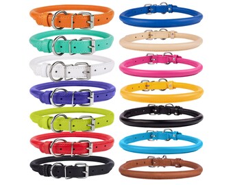 Rolled Leather Dog Collar Cat Puppy Soft Mint Pink Brown Red Blue Small