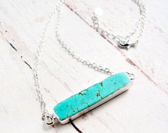 Horizontal Turquoise Bar Necklace-Turquoise and Silver-Turquoise Pendant Necklace-Turquoise Jewelry-Gift for Mom-Mothers Day Gift-Mom Gift