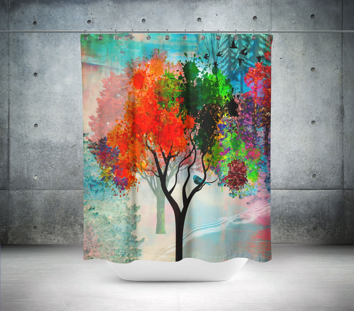 Shower Curtain Birds Trees Abstract Hello Autumn by FolkandFunky