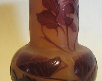 Original antique Gallé cameo glass vase, small acid etched vase, authentic Emile Gallé, art nouveau, France, ca 1910