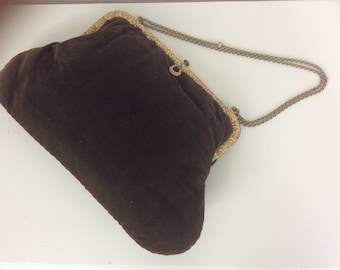 Vintage Victorian Edwardian Handbag Purse Brown Velvet Gilt Metal Trim Steam Punk Early 1900s