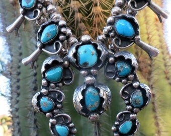 High Grade Turquoise NAVAJO Squash Blossom Necklace, 280 Grams, Sterling