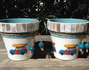 Surf's Up! Coastal Vibe Vintage Surfboard & Woody Wagon Planter, Nautical Tropical Beach Surfing Mosaic Shell Tile Orchid Flower Cache Pot