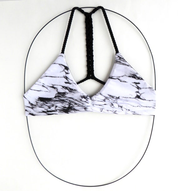 Reversible Scrunch Front Bikini Top With Braided Back- Marble- MADE TO ORDER // Black // White // Gift for her // Macrame