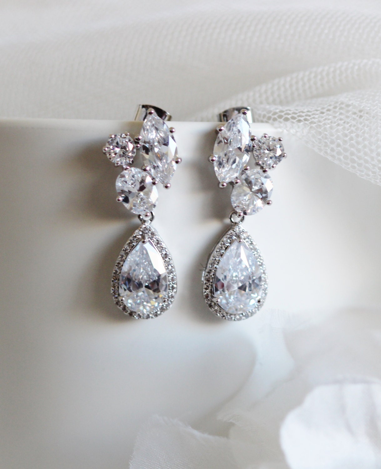 Crystal Bridal Earrings Wedding Jewelry Wedding Earrings Cluster CZ Earrings Bridal Jewelry Formal Prom Statement Earrings