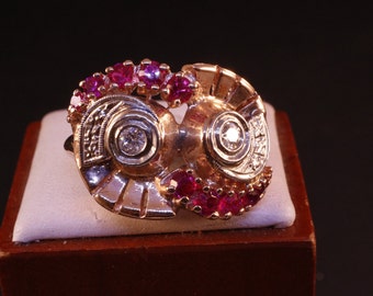 Art Deco Ruby and Diamond Ring, 14k Rose Gold, Circa 1940's