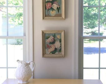 Vintage Paint By Number Framed Artwork, Floral Still Life Painting, Original Acrylic Framed Art, Pair of Floral Prints