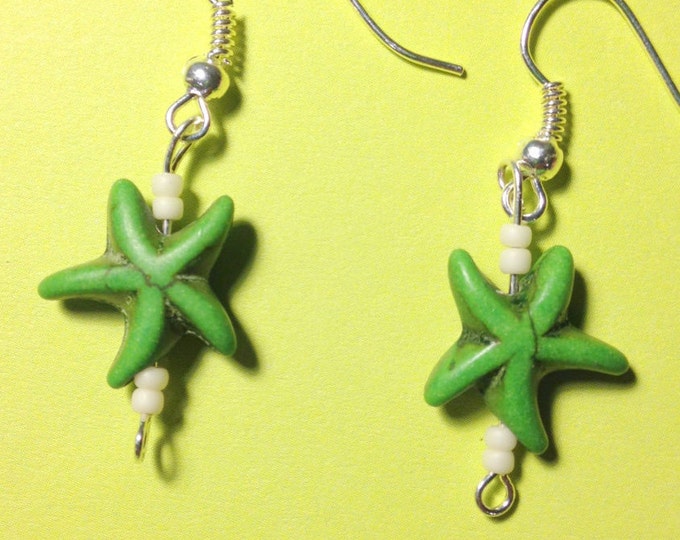 Starfish earrings-Green Starfish-St Patrick's Day dangles-Beach jewelry-clip on earrings-Sea star dangles-summer jewelry-sterling silver