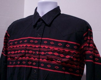 90s Roper Mens Black And Red Western Cowboy Pearl Snap Shirt Size Large