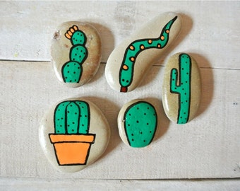 Painted Rocks, Cactus Stones, Hand Painted Stones, Cactus Art, Snake Stone, Painted Snakes, Pebble Art, Pebble Decoration, Succulent Art